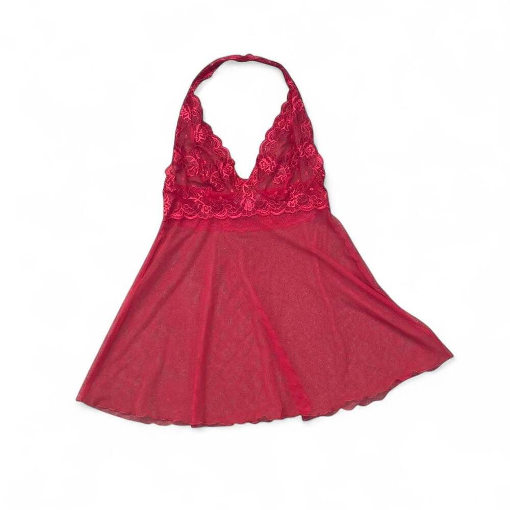 Vintage Victoria's Secret Red Lace Babydoll Halter Slip Dress